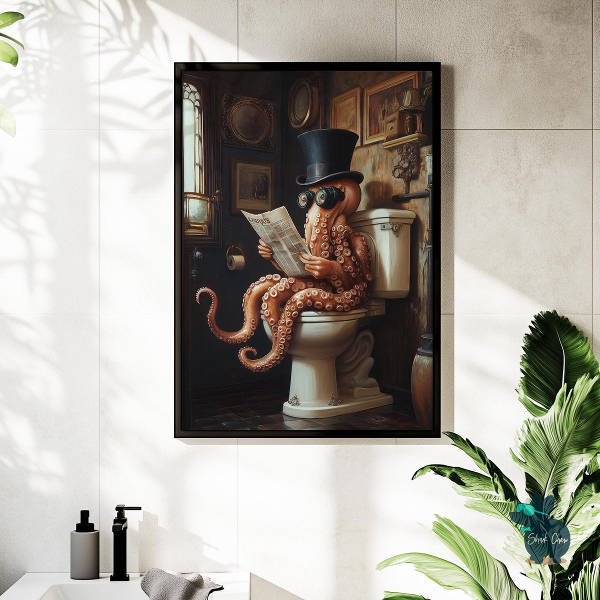 Funny Bathroom Octopus Art Print, Quirky Animal Wall Art Decor for Bathroom, Octopus Reading on Toilet, Funny Bathroom Artwork Print Decor