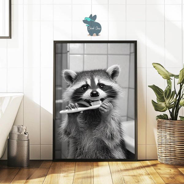 Funny Raccoon Brushing Teeth Bathroom Art, Animal Wall Decor for Bathroom, Quirky Raccoon Wall Art, Black and White Raccoon Print Art Decor