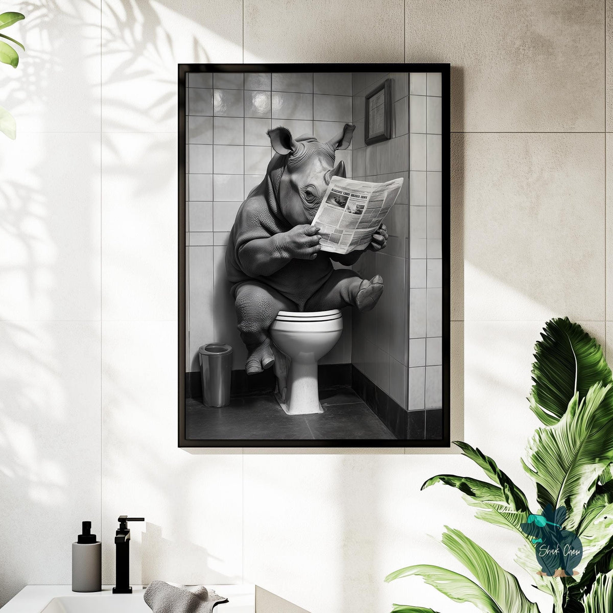 Funny Rhino Bathroom Art Print, Black and White Rhino Toilet Wall Decor, Animal Bathroom Wall Art, Humorous Bathroom Wall Decor