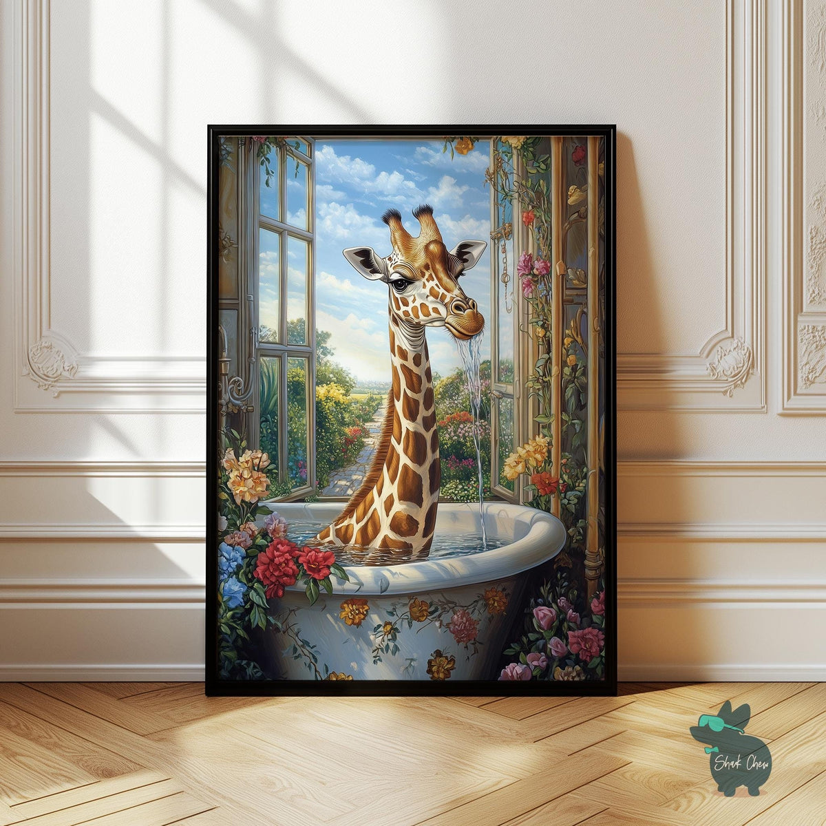 Elegant Giraffe Bathroom Art Print, Funny Animal Decor for Bathroom, Quirky Giraffe in Bathtub Wall Art, Floral Bathroom Wall Decor