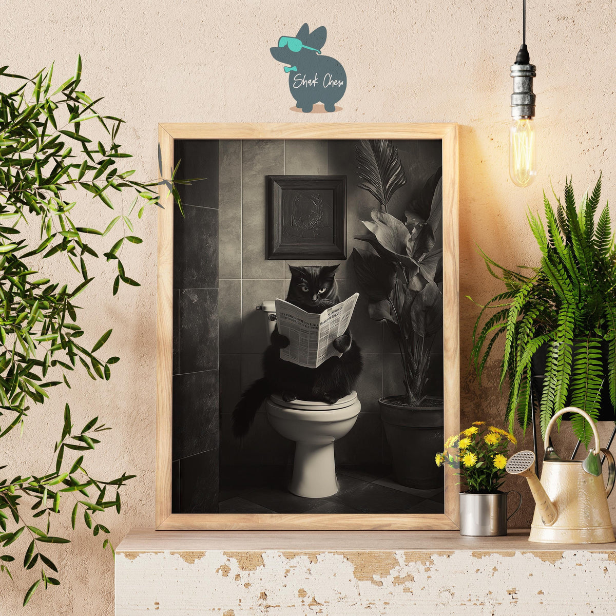 Funny Black Cat Bathroom Art, Gothic Cat Reading Print for Wall Decor, Quirky Animal Bathroom Decor, Black and White Toilet Art