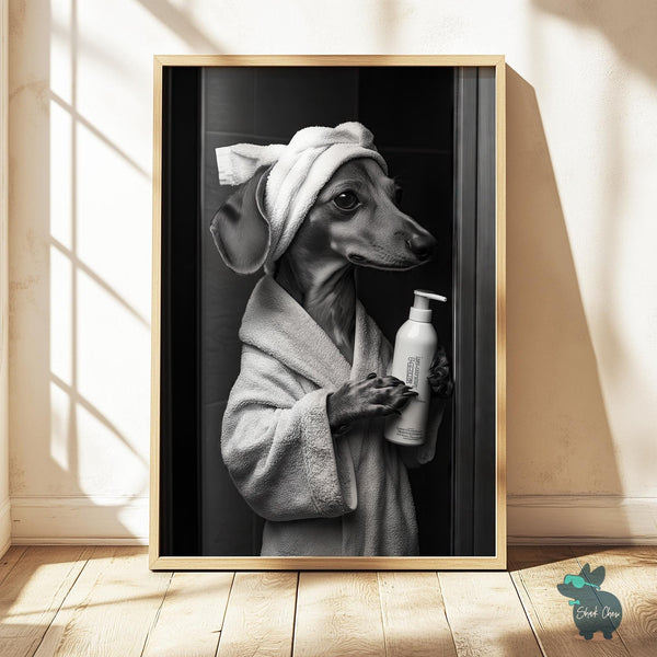 Dachshund Bathroom Art Print, Funny Dog Bathroom Decor, Quirky Black and White Animal Wall Art, Dog in Robe, Toilet Art Print