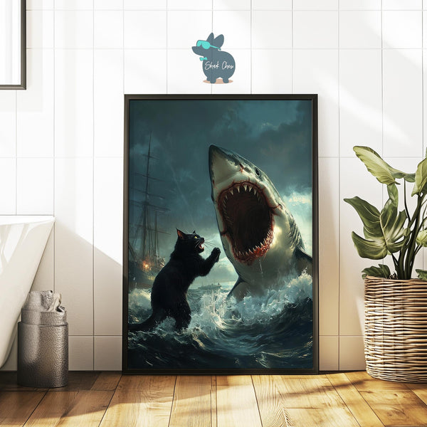 Epic Cat vs Shark Art Print, Dramatic Ocean Battle Wall Art, Unique Animal Fantasy Decor for Home, Animal Fantasy Art, Art Meme Print