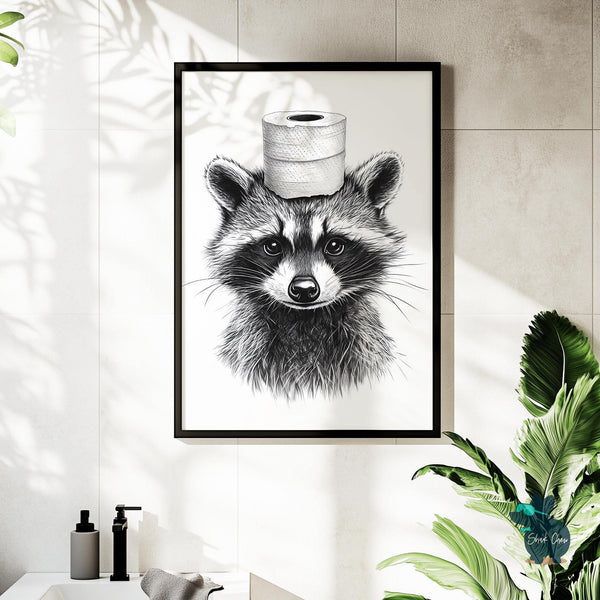 Funny Raccoon Bathroom Art Print, Quirky Animal Wall Art Decor for Bathroom, Toilet Paper Hat Raccoon Art, Cute Bathroom Wall Decor