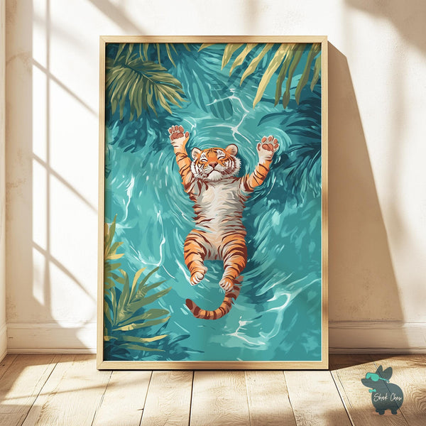 Baby Tiger Floating in Water Print, Tiger Wall Art, Jungle Inspired Animal Art, Tropical Decor for Living Room or Kids Room Wall Decor