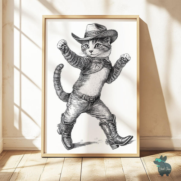 Cowboy Cat Wall Art Print, Rustic Animal Decor, Wild West Illustration, Vintage Cat Poster, Country-Themed Cat Wall Decor for Kids Room