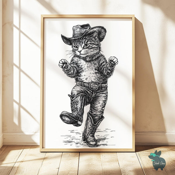 Western Dancing Cat Wall Art, Cowboy Cat Illustration, Rustic Feline Decor, Vintage Style Cat Print, Country Animal Art, Cowboy Cat Poster