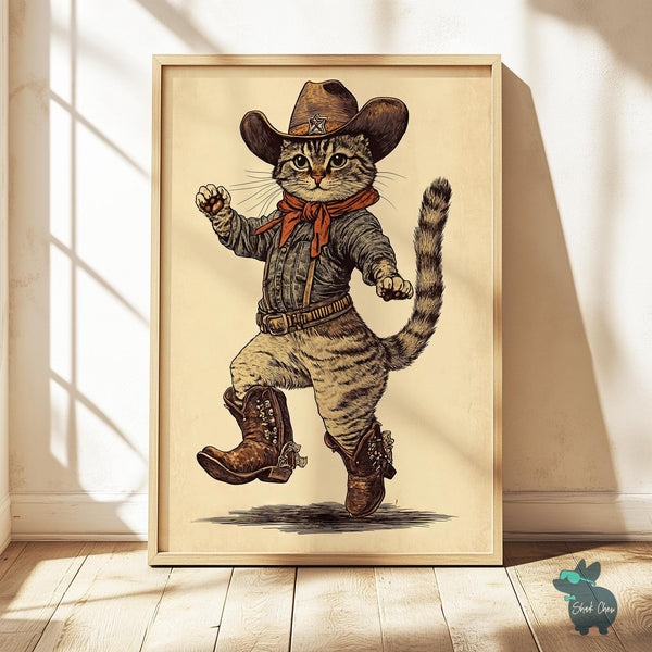 Vintage Cowboy Cat Poster | Rustic Animal Print | Western Cat Art | Cute Cat Wall Art | Feline Cowboy Illustration | Pet Lover Decor