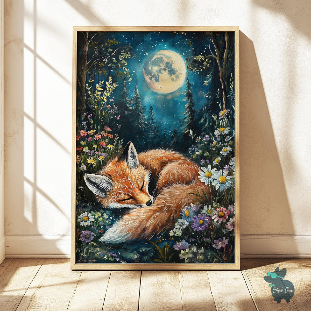 Fox Wall Art, Sleeping Fox Art Print, Nature Moonlit Animal Decor, Woodland Fox Wall Art, Fox in Forest Painting, Fox Wall Art for Bedroom