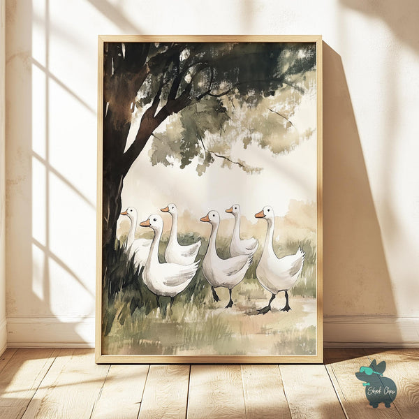 Geese Wall Art, Farmhouse Goose Art Print, Rustic Animal Decor, Peaceful Goose Wall Art, Goose Flock Painting, Nature-Inspired Goose Art