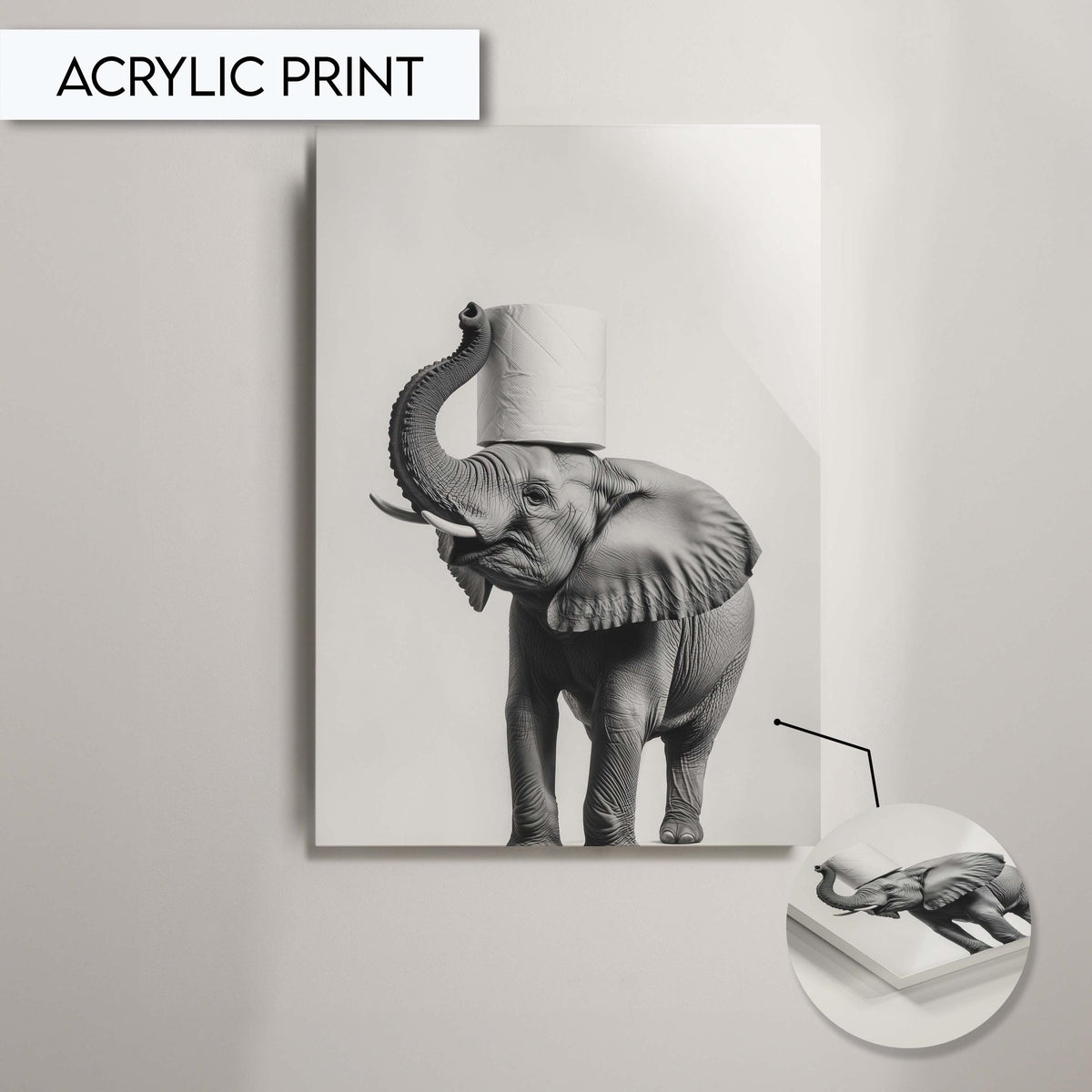 Funny Elephant Bathroom Artwork Print Wall Art Decor for Toilet Print, Elephant with Toilet Paper Art Print, Black and White Animal Wall Art