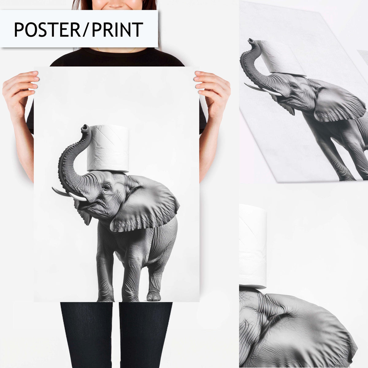 Funny Elephant Bathroom Artwork Print Wall Art Decor for Toilet Print, Elephant with Toilet Paper Art Print, Black and White Animal Wall Art