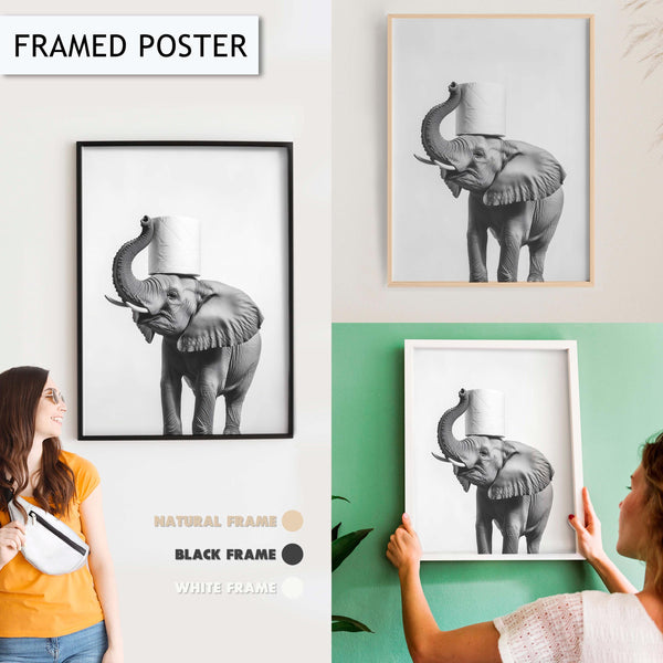 Funny Elephant Bathroom Artwork Print Wall Art Decor for Toilet Print, Elephant with Toilet Paper Art Print, Black and White Animal Wall Art