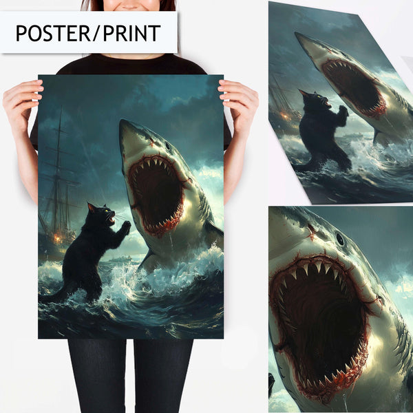 Epic Cat vs Shark Art Print, Dramatic Ocean Battle Wall Art, Unique Animal Fantasy Decor for Home, Animal Fantasy Art, Art Meme Print