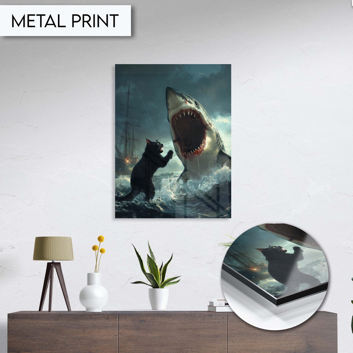 Epic Cat vs Shark Art Print, Dramatic Ocean Battle Wall Art, Unique Animal Fantasy Decor for Home, Animal Fantasy Art, Art Meme Print