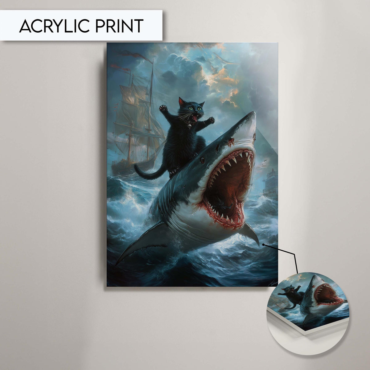 Epic Black Cat and Shark Battle Art Print, Funny Animal Wall Art, Quirky Cat and Shark Ocean Adventure, Bathroom Wall Art, Cat Riding Shark