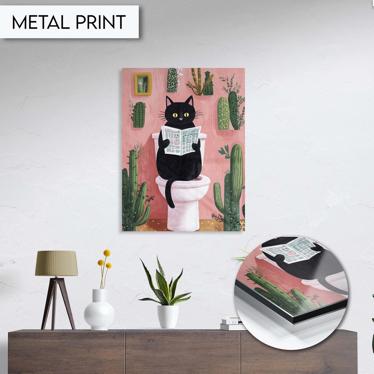 Funny Black Cat Bathroom Art Print Decor, Animal Wall Art Decor for Toilet, Cactus Cat Wall Art, Cat Print for Bathroom, Funny Pet Wall Art