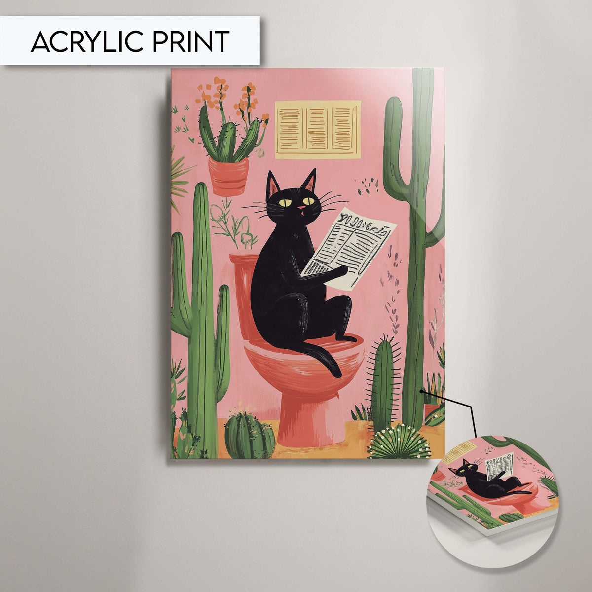 Funny Black Cat Bathroom Wall Art, Animal Wall Decor, Cactus Cat Print for Toilet, Cute Pet Art for Bathroom, Cat Reading Newspaper Art