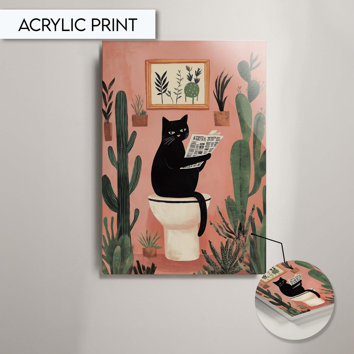 Funny Black Cat Toilet Wall Art, Quirky Animal Bathroom Print, Cactus Decor, Fun Bathroom Art, Cat Reading Newspaper, Unique Wall Art