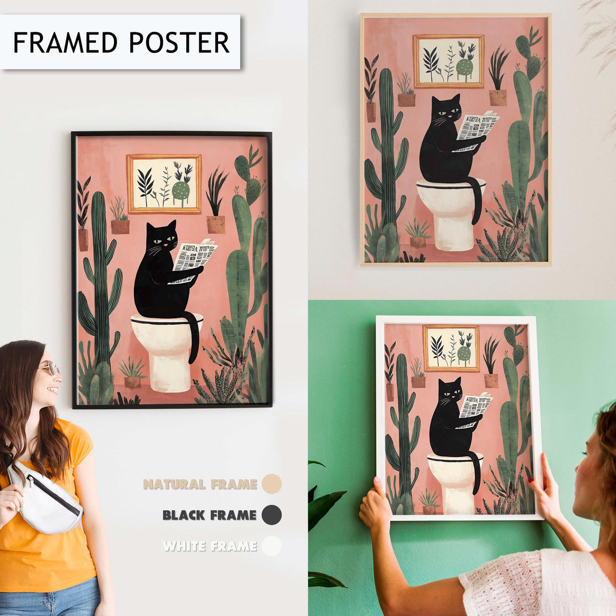 Funny Black Cat Toilet Wall Art, Quirky Animal Bathroom Print, Cactus Decor, Fun Bathroom Art, Cat Reading Newspaper, Unique Wall Art