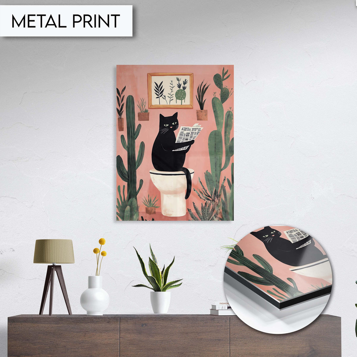 Funny Black Cat Toilet Wall Art, Quirky Animal Bathroom Print, Cactus Decor, Fun Bathroom Art, Cat Reading Newspaper, Unique Wall Art