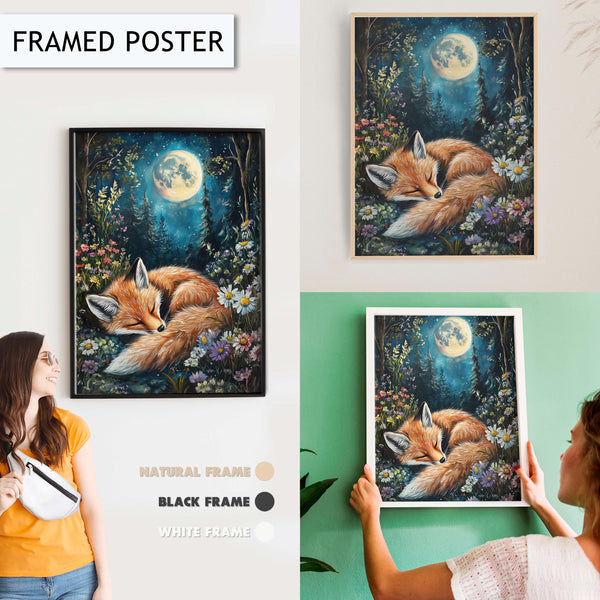 Fox Wall Art, Sleeping Fox Art Print, Nature Moonlit Animal Decor, Woodland Fox Wall Art, Fox in Forest Painting, Fox Wall Art for Bedroom