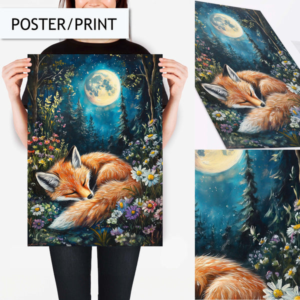 Fox Wall Art, Sleeping Fox Art Print, Nature Moonlit Animal Decor, Woodland Fox Wall Art, Fox in Forest Painting, Fox Wall Art for Bedroom