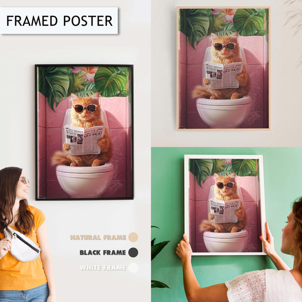 Funny Cat Toilet Wall Art, Quirky Bathroom Decor, Cat with Sunglasses Print, Tropical Bathroom Art, Unique Animal Wall Art, Toilet wall art