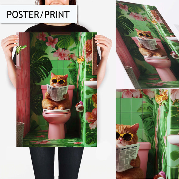 Funny Bathroom Cat Art Print Wall Art Decor, Tropical Cat Wall Decor for Bathroom, Cat Reading on Toilet Wall Art for Bathroom Decor