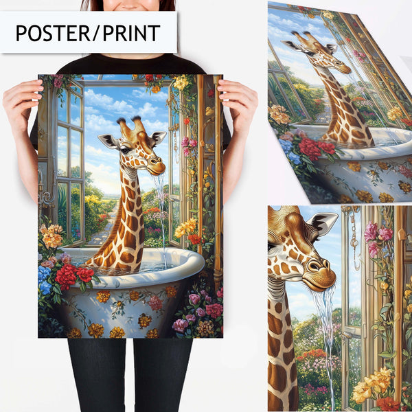 Elegant Giraffe Bathroom Art Print, Funny Animal Decor for Bathroom, Quirky Giraffe in Bathtub Wall Art, Floral Bathroom Wall Decor