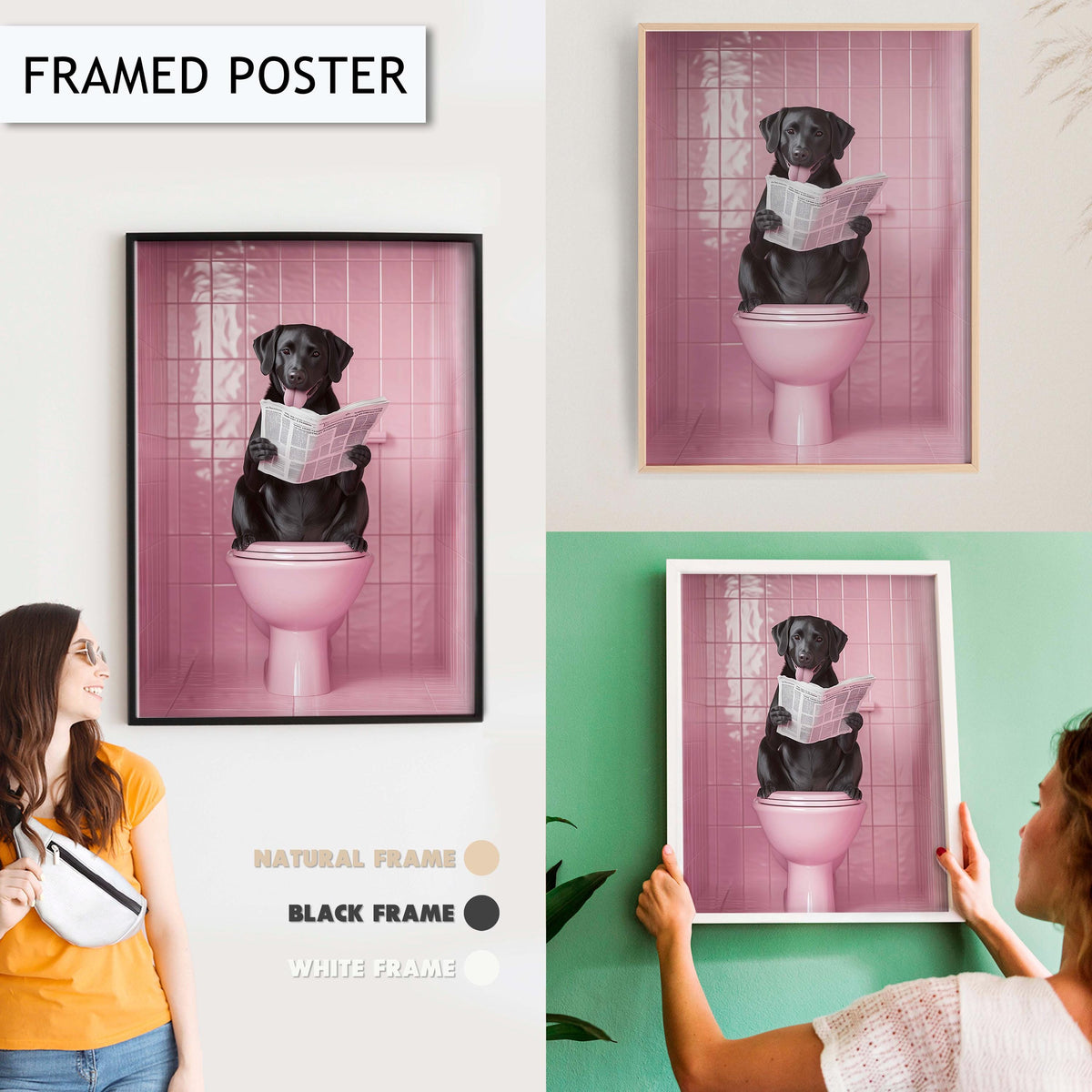 Funny Dog Toilet Art, Quirky Bathroom Wall Art, Dog Reading Newspaper Print, Pink Bathroom Decor, Unique Animal Wall Art, Toilet Art Print