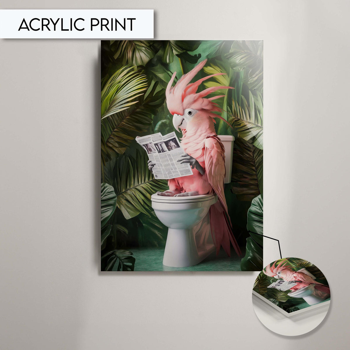 Pink Parrot Bathroom Artwork Print Wall Art Decor for Toilet, Tropical Parrot Print, Jungle Animal Wall Art, funny Toilet Art Decor