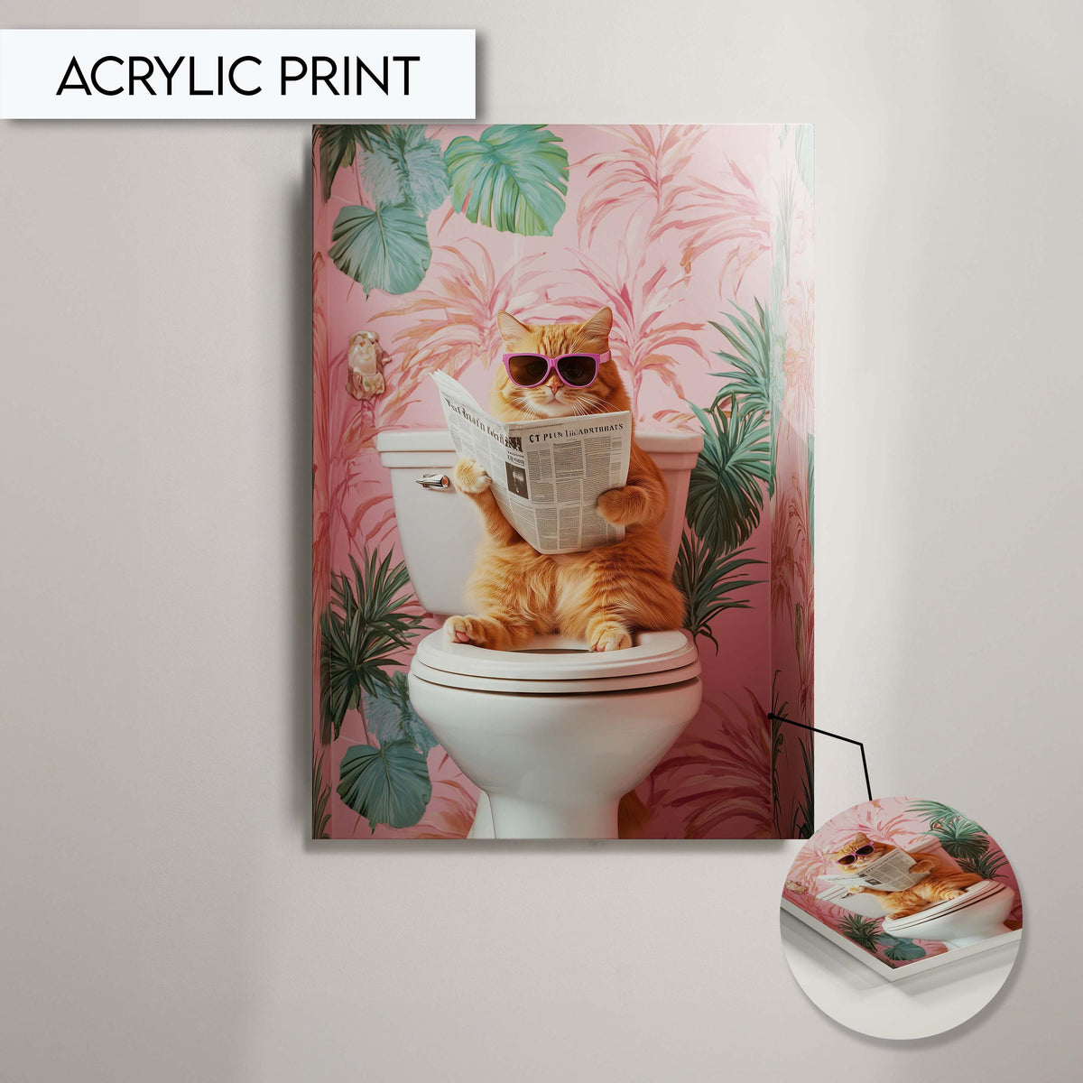 Tropical Cat Bathroom Wall Art, Funny Cat Reading Newspaper, Quirky Bathroom Decor, Tropical Jungle Wall Print, Humorous Art for Bathroom