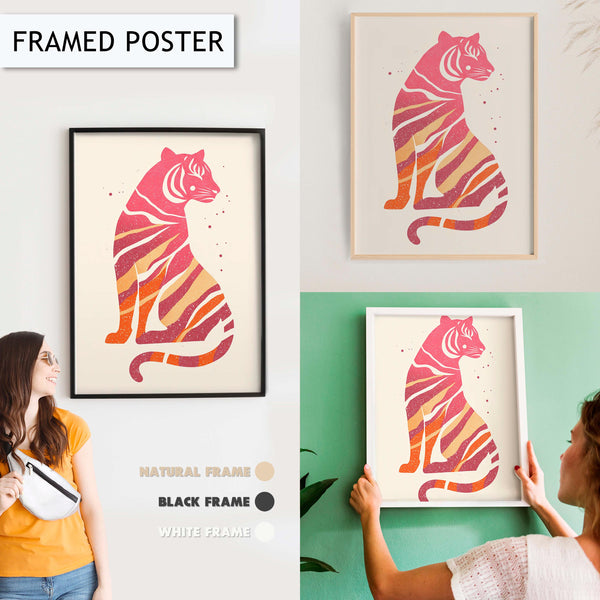 Colorful Tiger Wall Art, Modern Minimalist Animal Decor, Vibrant Pink and Orange Stripes Print, Jungle Inspired Wall Art, Kids Room Decor