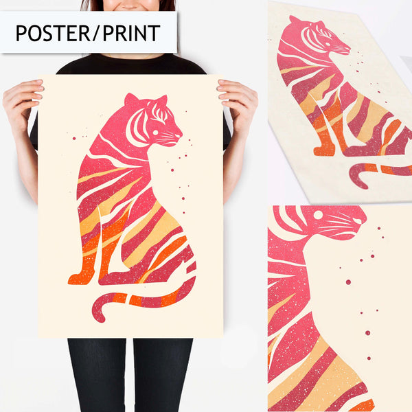 Colorful Tiger Wall Art, Modern Minimalist Animal Decor, Vibrant Pink and Orange Stripes Print, Jungle Inspired Wall Art, Kids Room Decor