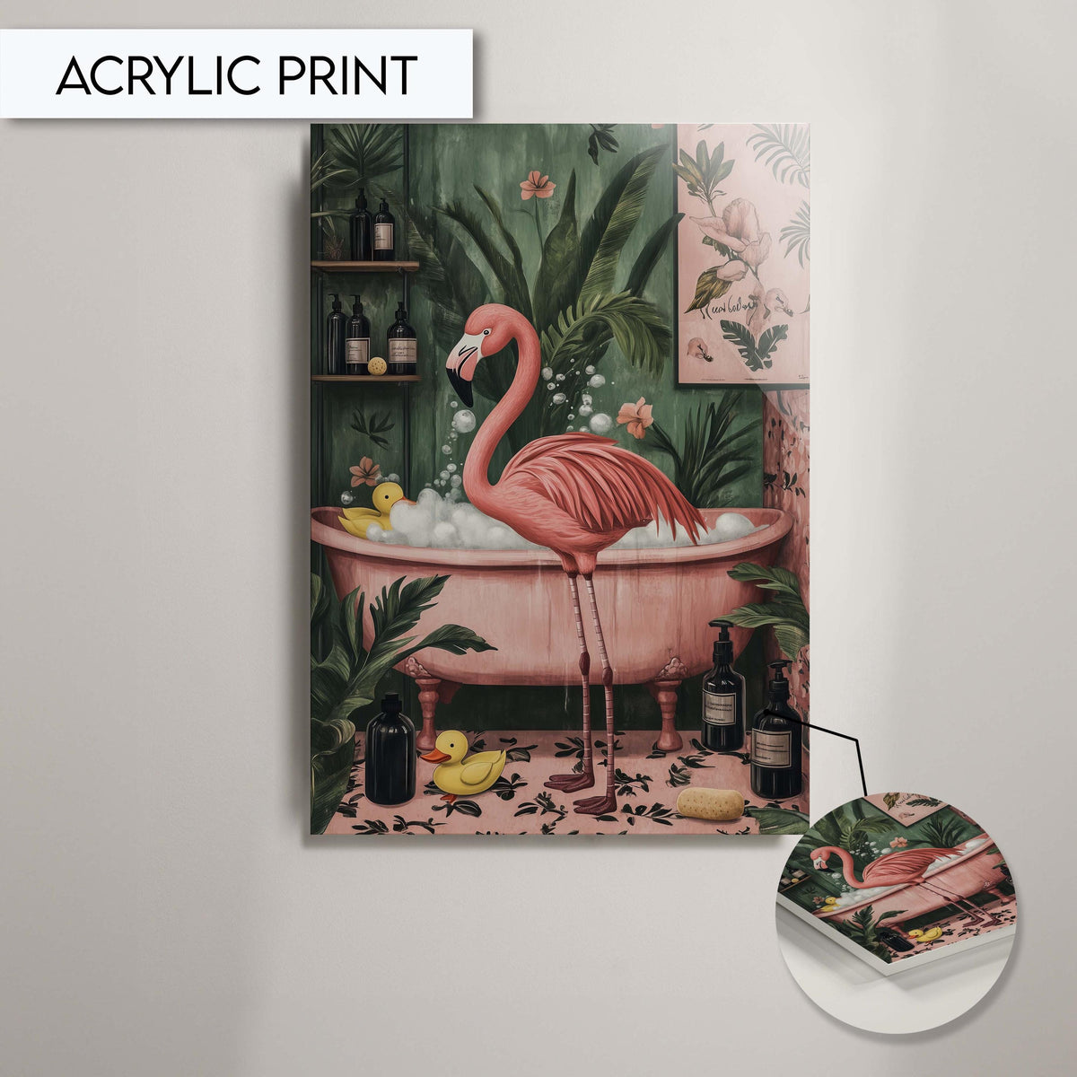 Funny Flamingo Bathroom Art Print, Animal Wall Art Decor for Bathroom, Pink Flamingo Bubble Bath Art, Bathroom Wall Decor, Flamingo Art