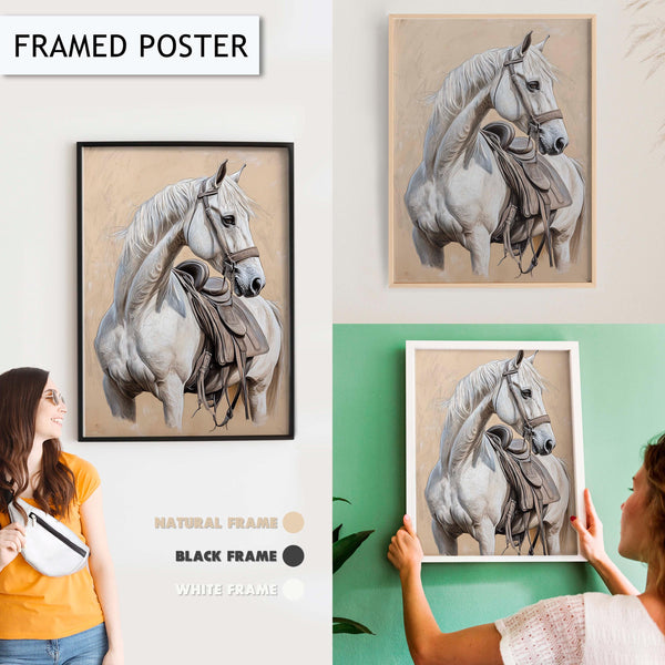 White Horse Wall Art, Equestrian Decor, Horse Portrait Art Print, Rustic Animal Wall Art, Western Horse Art, Elegant Horse Wall Decor