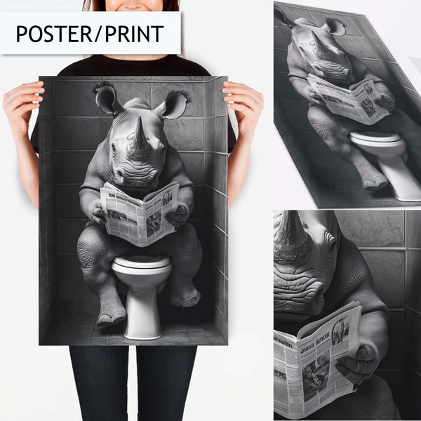 Funny Rhino Toilet Art Print, Bathroom Wall Art Decor, Rhino Reading Newspaper Bathroom Art, Animal Wall Decor for Bathroom