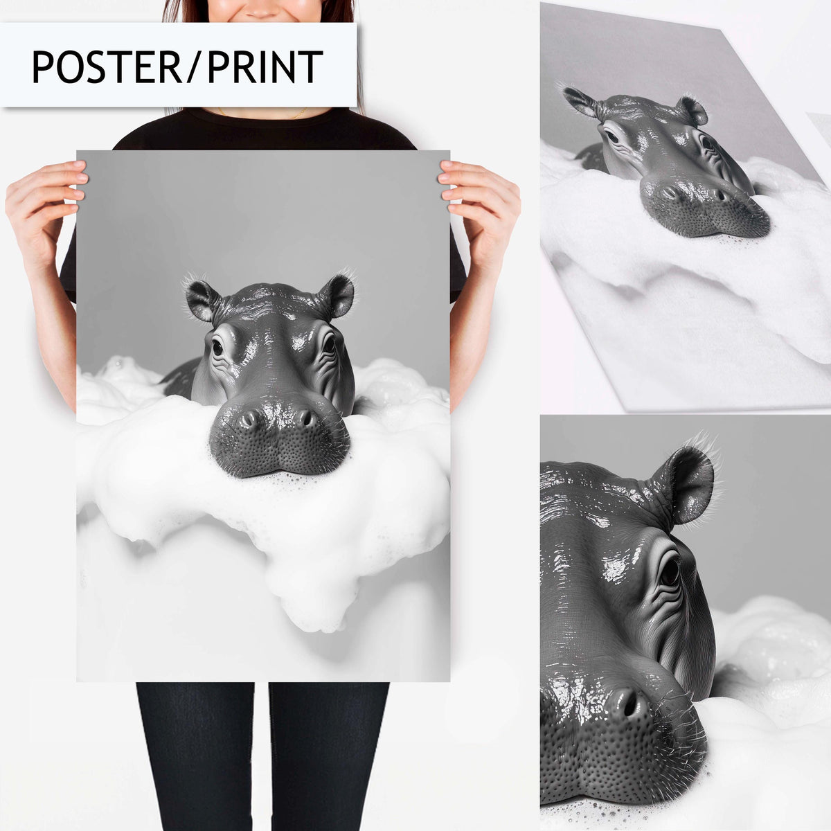 Funny Hippo Bathroom Artwork Print Wall Art Decor for Toilet, Hippo in Bathtub Art, Black and White Animal Wall Art, Modern Bathroom Decor