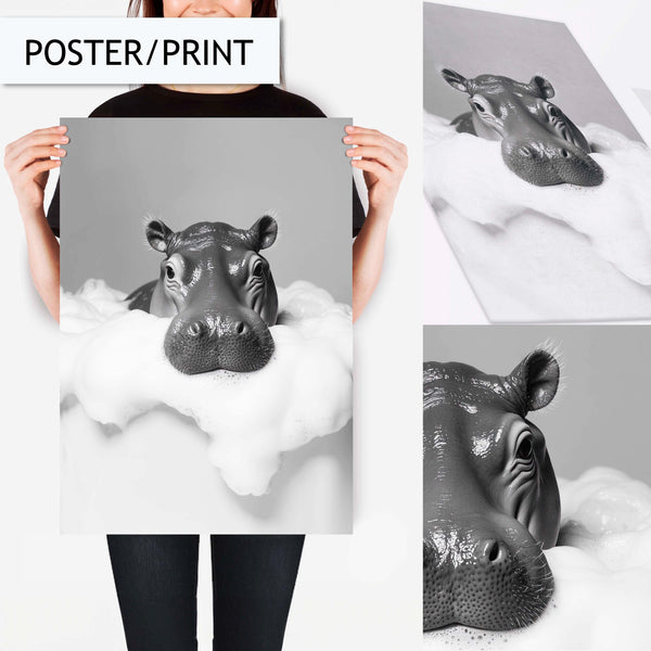 Funny Hippo Bathroom Artwork Print Wall Art Decor for Toilet, Hippo in Bathtub Art, Black and White Animal Wall Art, Modern Bathroom Decor