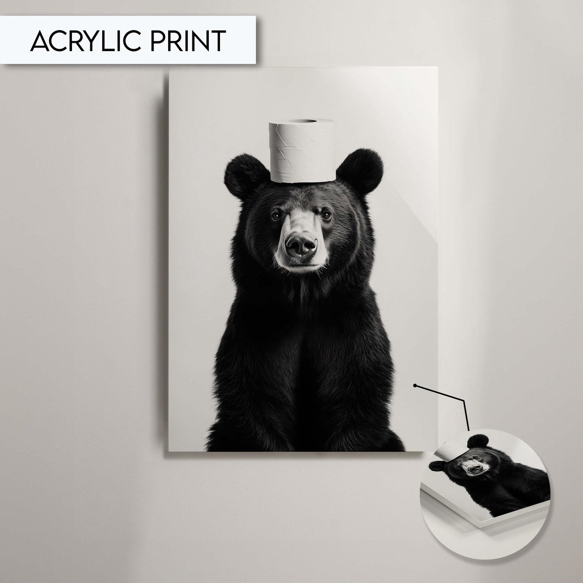 Funny Bear Artwork Print Wall Art Decor for Bathroom, Black and White Animal Toilet Art Print, Bear with Toilet Paper Fun Art Print