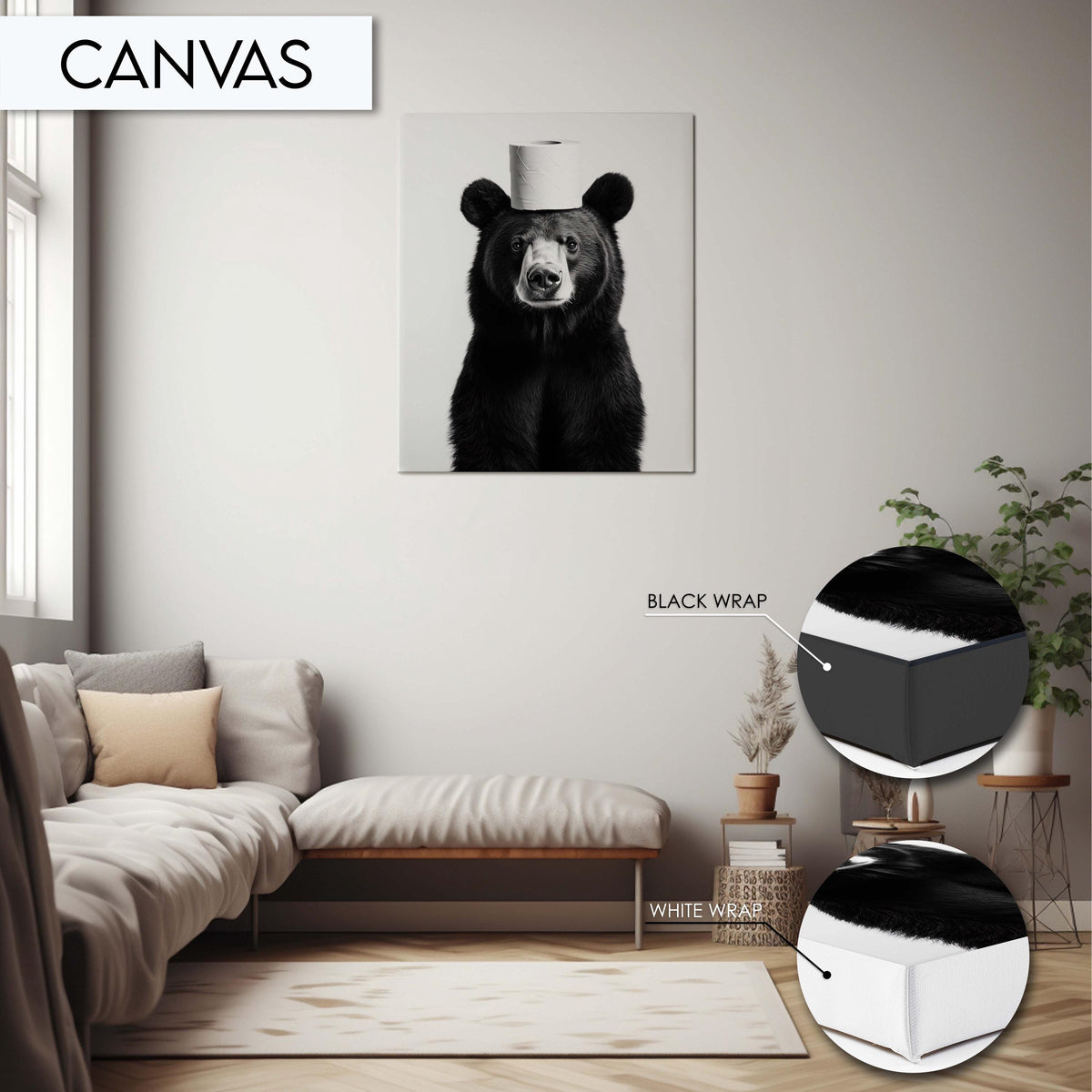 Funny Bear Artwork Print Wall Art Decor for Bathroom, Black and White Animal Toilet Art Print, Bear with Toilet Paper Fun Art Print