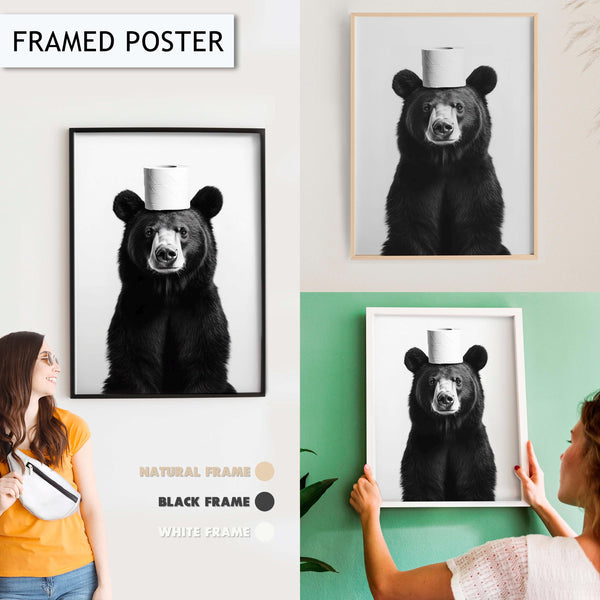 Funny Bear Artwork Print Wall Art Decor for Bathroom, Black and White Animal Toilet Art Print, Bear with Toilet Paper Fun Art Print