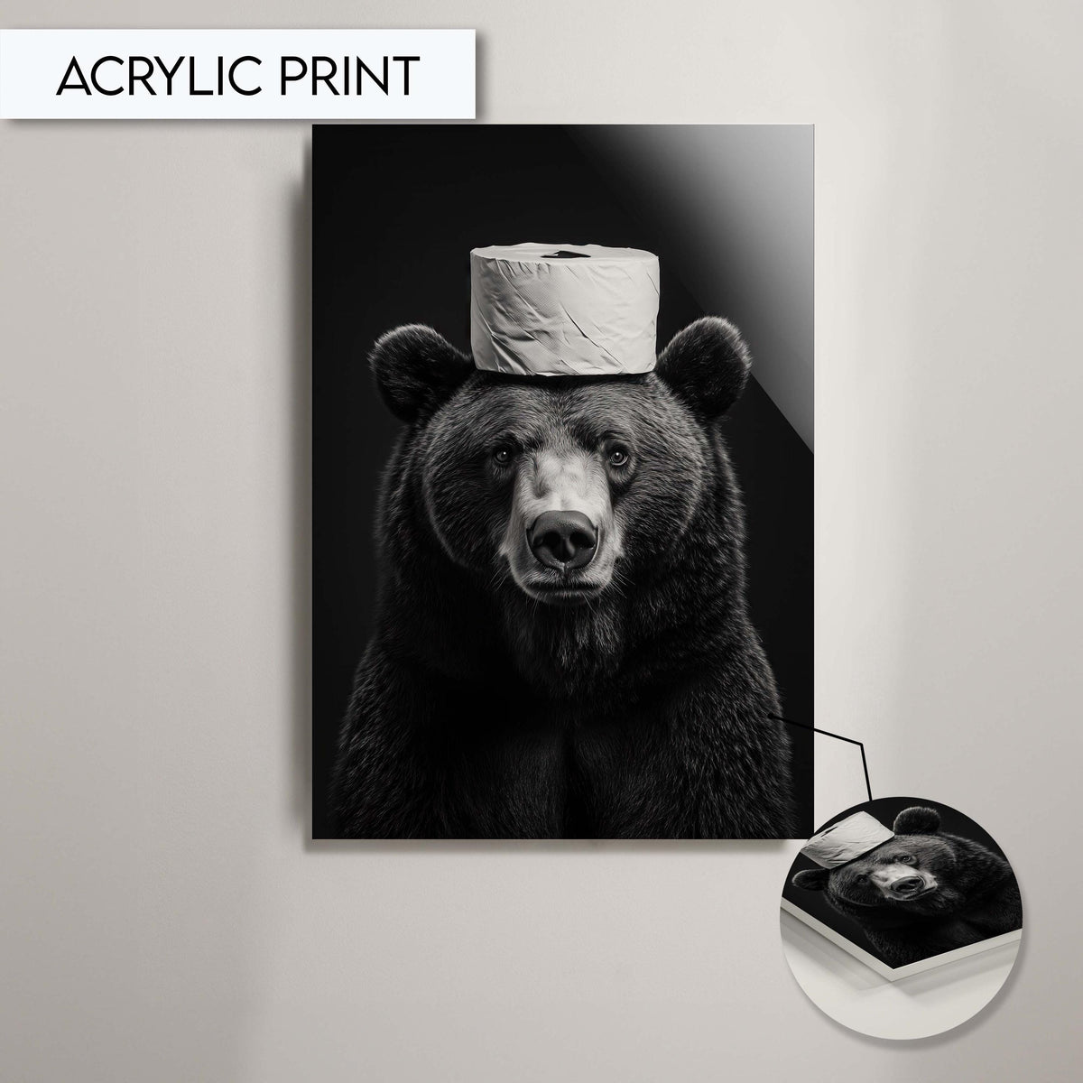 Funny Bear Bathroom Wall Art, Quirky Toilet Paper Hat Print, Animal Toilet Paper Decor, Black and White Bear Art, Fun Bathroom Decor