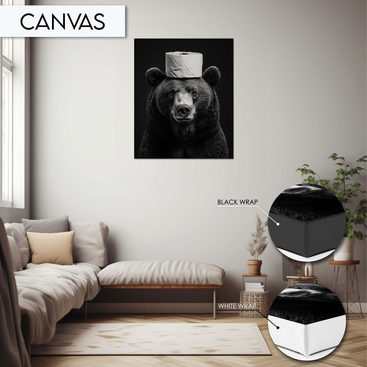 Funny Bear Bathroom Wall Art, Quirky Toilet Paper Hat Print, Animal Toilet Paper Decor, Black and White Bear Art, Fun Bathroom Decor