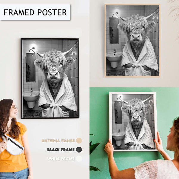 Highland Cow Bathroom Art, Funny Animal Bathroom Wall Decor, Highland Cow Wrapped in Towel Print, Black and White Bathroom Wall Art