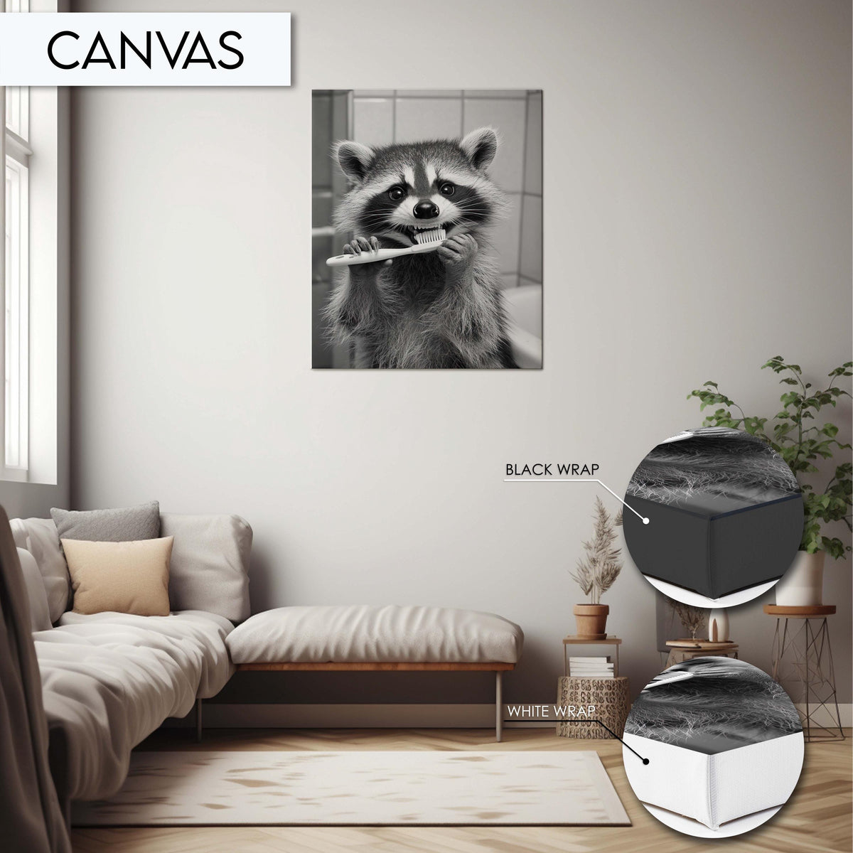 Funny Raccoon Brushing Teeth Bathroom Art, Animal Wall Decor for Bathroom, Quirky Raccoon Wall Art, Black and White Raccoon Print Art Decor