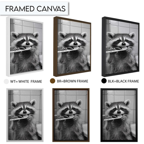 Funny Raccoon Brushing Teeth Bathroom Art, Animal Wall Decor for Bathroom, Quirky Raccoon Wall Art, Black and White Raccoon Print Art Decor