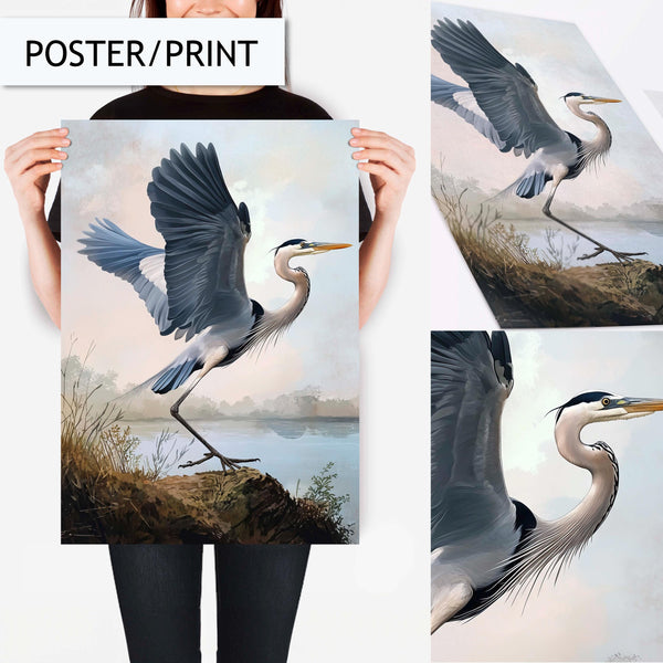 Heron Wall Art, Majestic Bird in Flight Print, Nature-Inspired Animal Decor, Water Bird Art, Elegant Heron Painting, Wildlife Wall Art