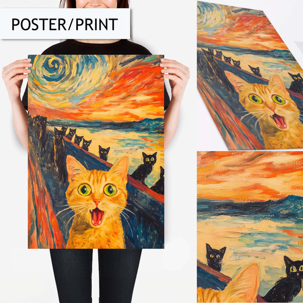 Funny Cat Wall Art, Artistic Cat Painting, Cat Scream Parody Print, Unique Animal Wall Art, Cat Portrait Art, Colorful Cat Van Gogh Inspired